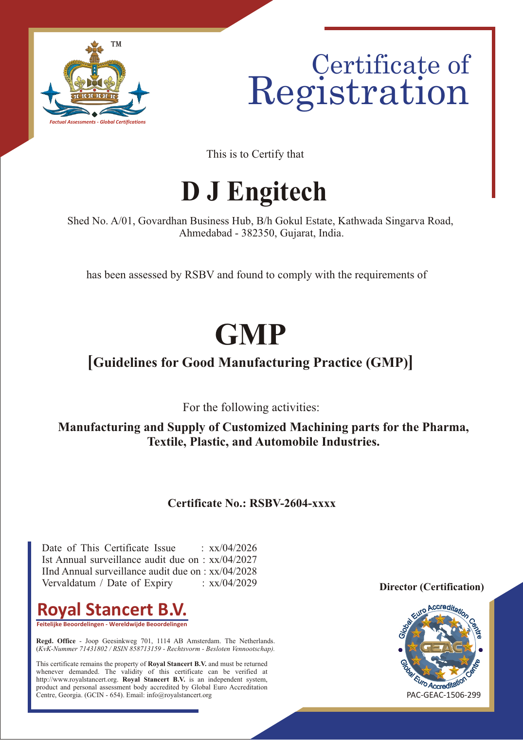 D J Engitech Good Manufacturing Practice certificate