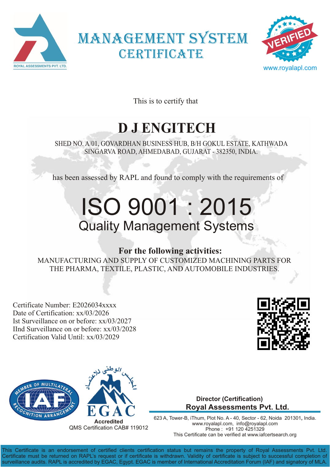 D J Engitech ISO 9001:2015 Quality Management System certificate